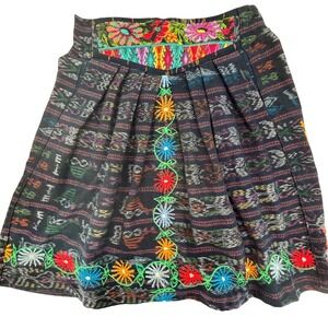 Vintage Centro American Handmade Skirt Embroidered Floral Pockets Sz S